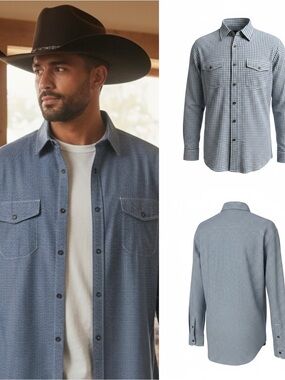 Sahara Club Men's Blue Micro Check Button Down Shirt‎ Roll Tab Contrast Stitch L
